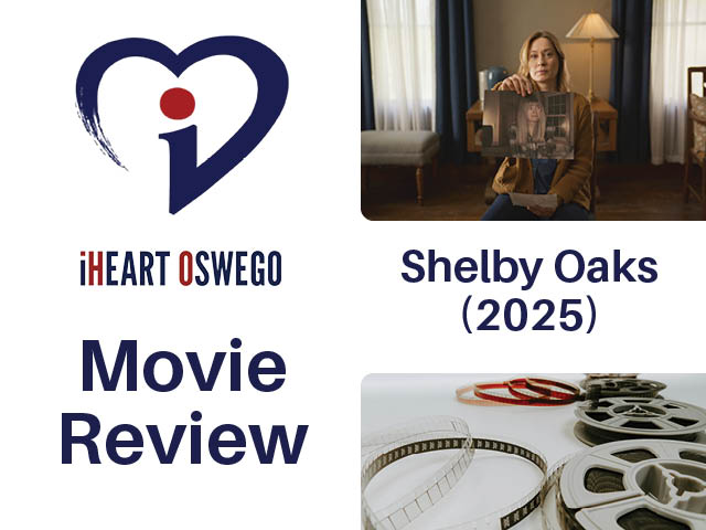 Movie review graphic with still from Shelby Oaks (2025)