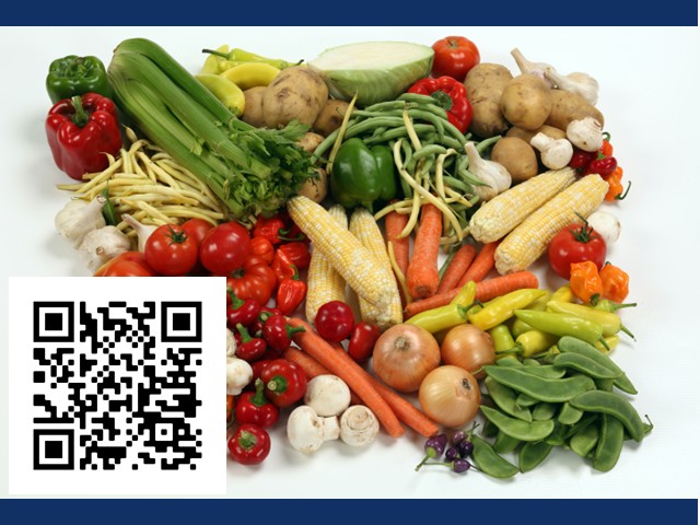 several varieties of small fresh vegetables with QR code on right side