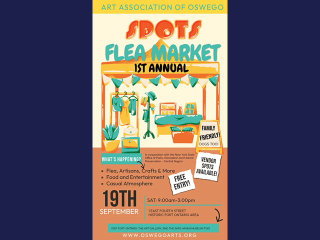 Flier for the SPOTS Flea Market by the Art Association of Oswego, happening September 19th from 9am to 3pm