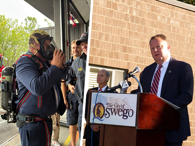 Two photos side by side: on the left, State Sen. Chris Ryan wearing an air tank; on the right; Sen. Ryan at a podium with the City of Oswego banner on the front