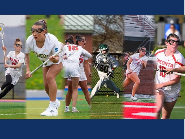 Six pictures of different women playing lacrosse