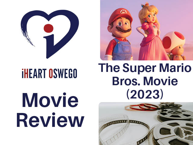 Movie review graphic with still from Super Mario Bros Movie (2023)