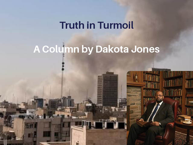 Truth in Turmoil column graphic with a photo of a smoking building in Iran as background and an inset photo of author Dakota Jones