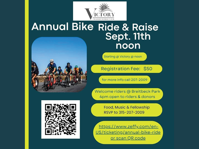 Flier for the annual Bike Ride &amp; Raise to benefit Victory Transformation, with a QR code to register at lower left