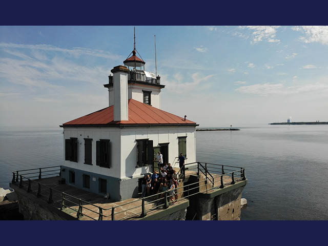 A drone photo of the Oswego Lighthouse