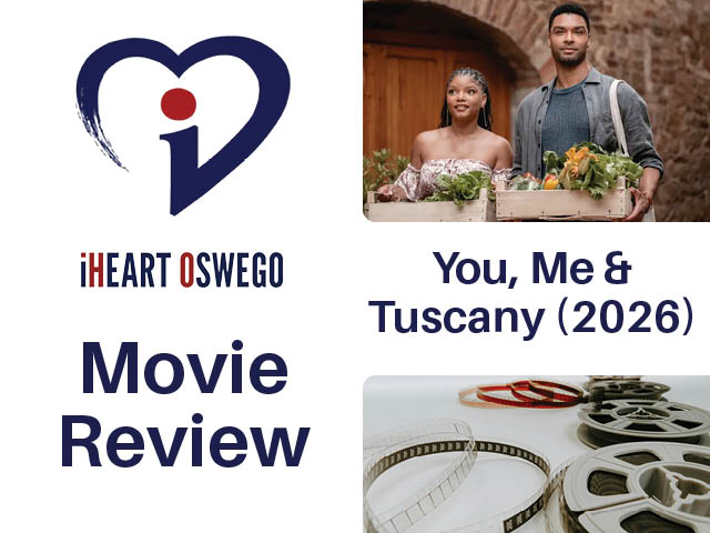 Movie review graphic with still from You, Me &amp; Tuscany (2026)