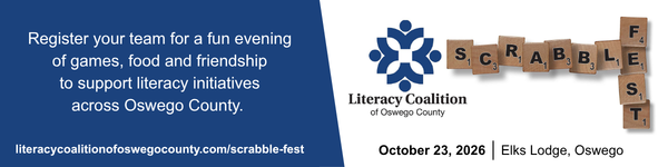 Literacy Coalition of Oswego County presents ScrabbleFest October 23 2026 at the Elks Lodge, Oswego