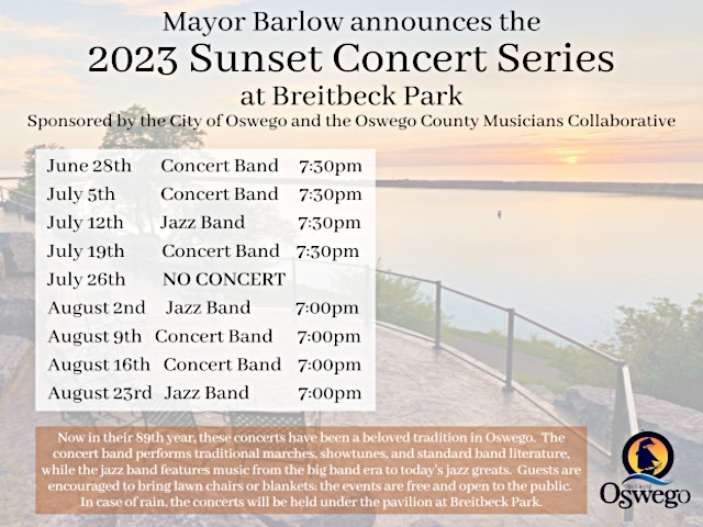 Mayor Barlow Announces 2023 Oswego Sunset Concert Series at Breitbeck Park