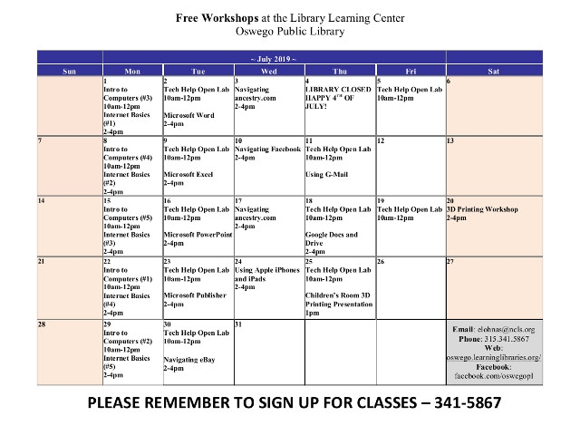 July 2019 Events at Oswego Public Library