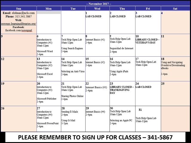 Oswego Public Library to Offer 21 Free Workshops During November 2017