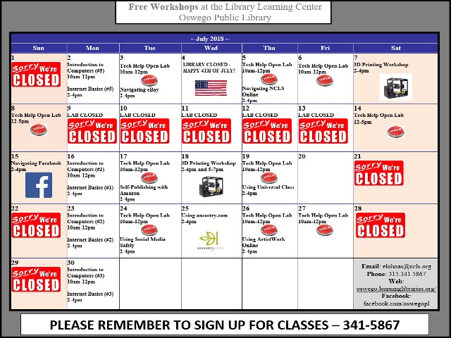 July 2018 Events at Oswego Public Library