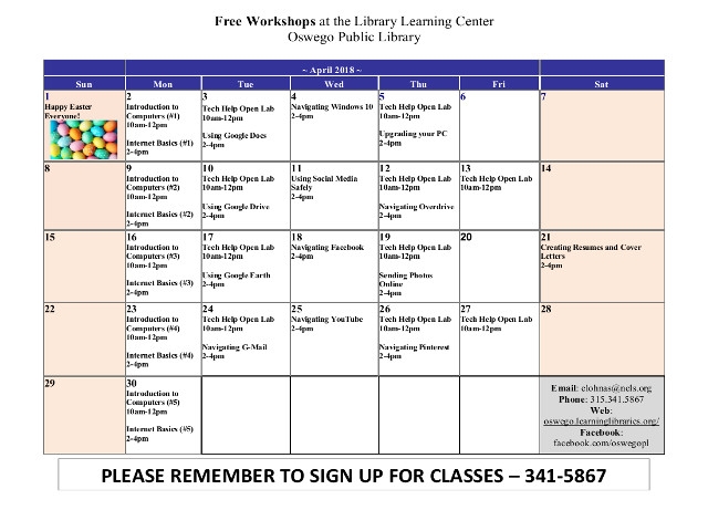 Oswego Public Library to Offer Free Workshops During April 2018