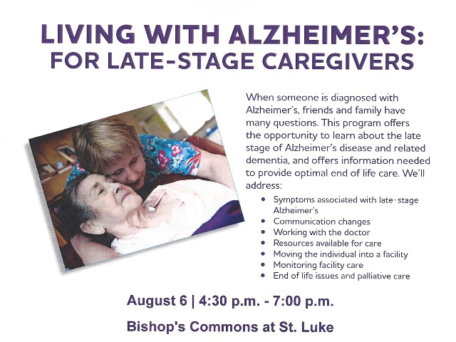 Workshop “Living with Alzheimer’s: For Late-Stage Caregivers” at Bishop’s Commons Aug 6