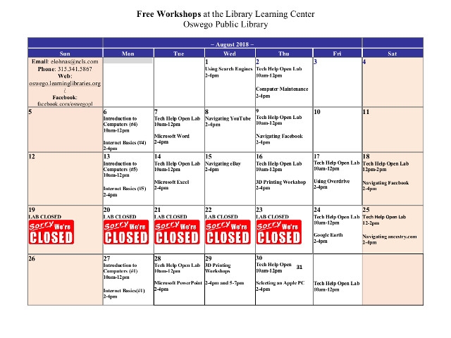 August 2018 Events at Oswego Public Library