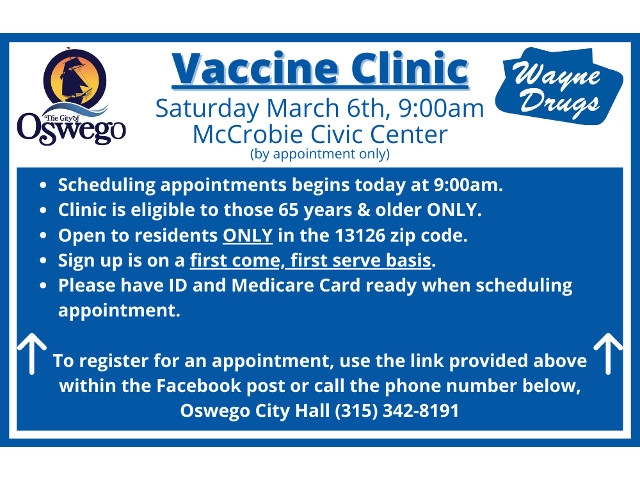 Mayor Barlow, Wayne’s Drugs Partner to Host COVID-19 Vaccine Clinic in Oswego