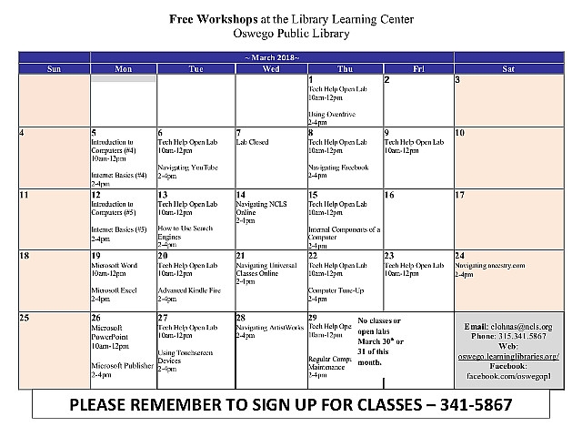 Oswego Public Library to Offer Free Workshops During March 2018