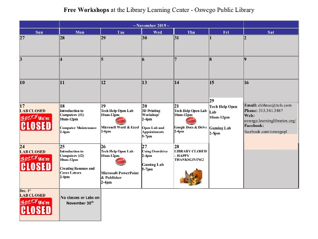 November - December 2019 Events at Oswego Public Library