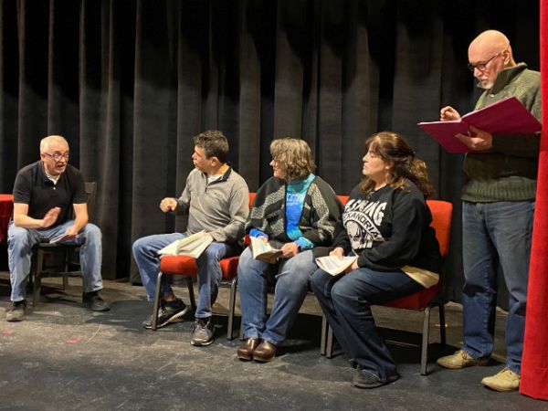 Shown above from a past rehearsal left to right: Eric Cronk, Joshua Delorenzo, Tammy Thompson, Beverly Murtha, and Steve Standish  (Stage Manager)